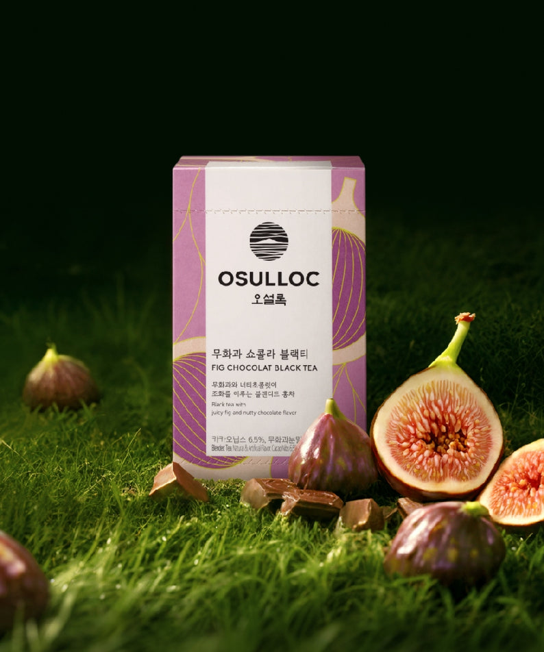 OSULLOC Fig Chocolate Black Tea 20 P : boîte et thé sur fond vert, figues et chocolat illustrés.