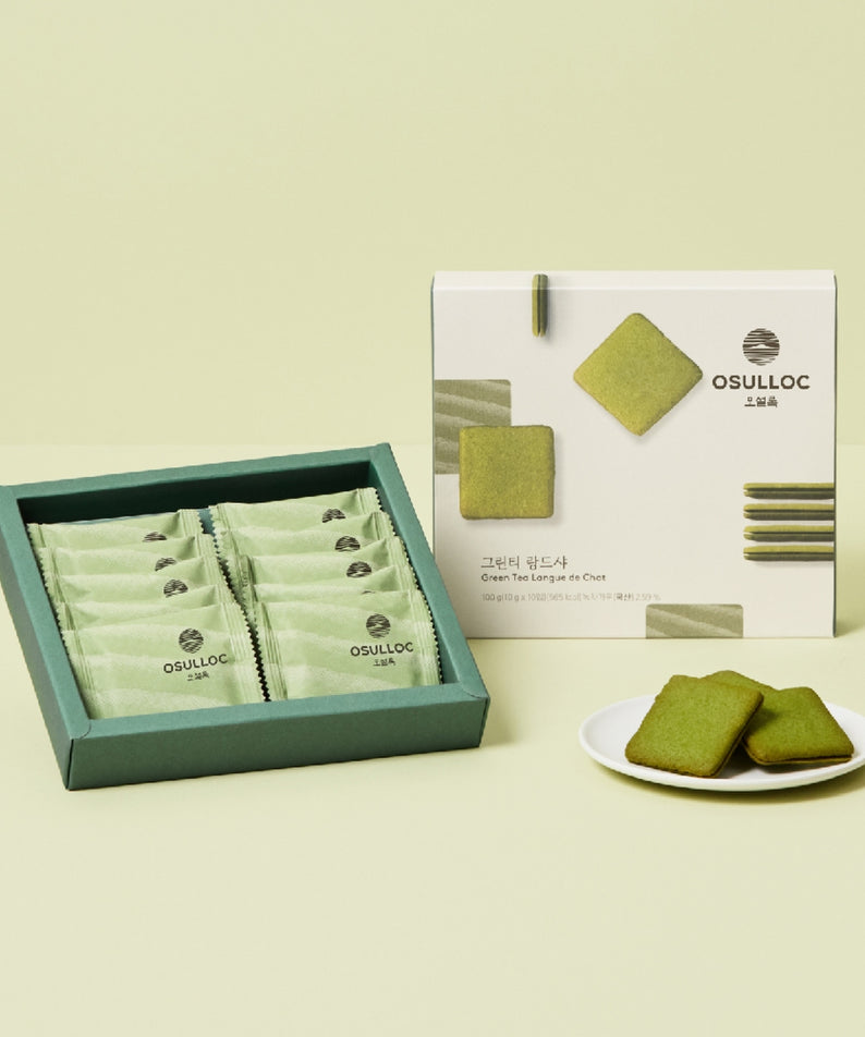 OSULLOC Green Tea Langue de chat 10 p : boîte et sachets vert menthe, langues de chat sur assiette, fond clair