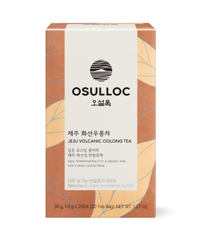 OSULLOC Jeju Volcanic Oolong Tea 20 P : boîte de thé oolong volcanique sur fond clair, marque OSULLOC en évidence.