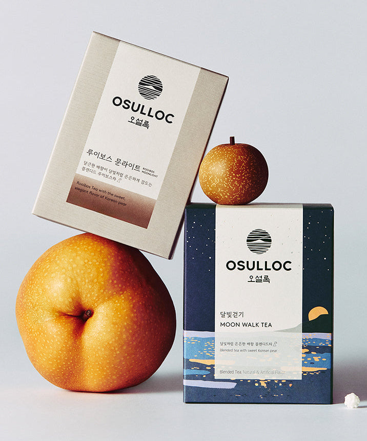 OSULLOC Landeschat Best Tea Set : boîtes et thé assorti posés sur fond clair, décoré de fruits, marque OSULLOC
