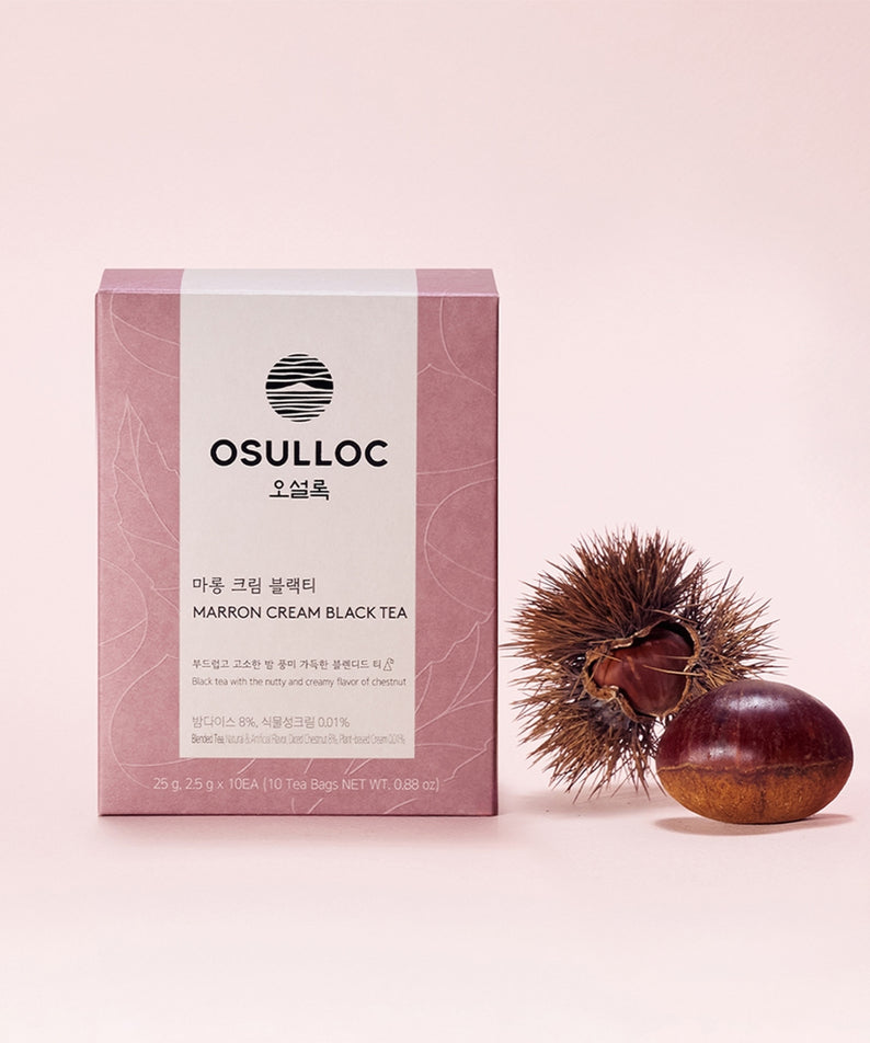 OSULLOC Marron Cream Black Tea 10 p, boîte marron crème sur fond rose, marque OSULLOC et châtaigne décorative.