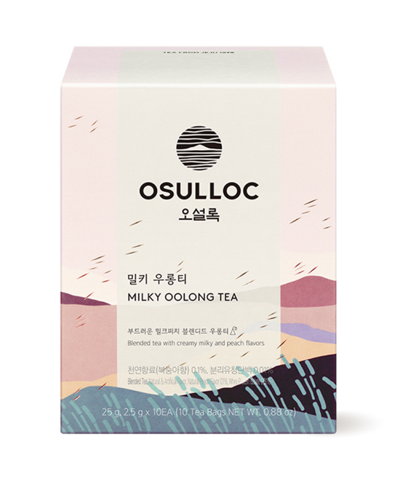 OSULLOC Milky Oolong Tea 10 p : boîte de thé oolong crème sur fond blanc, marque OSULLOC, décor graphique