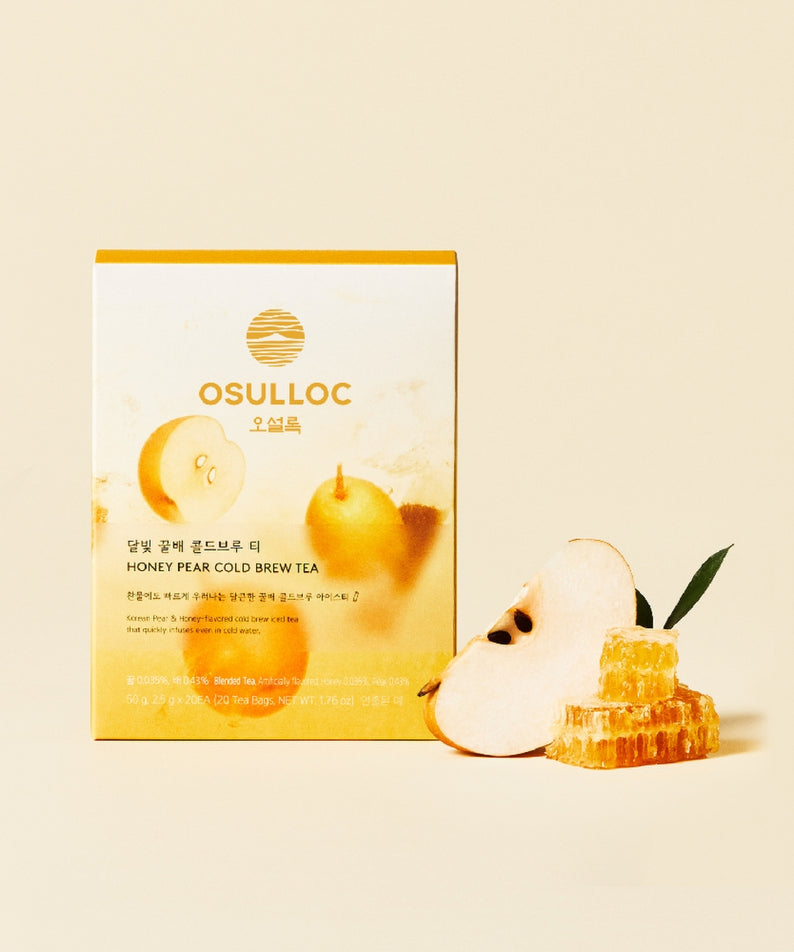 OSULLOC Moonlight Honey Pear Cold Brew Tea 20 P : boîte et poire au miel, ambiance claire sur fond beige