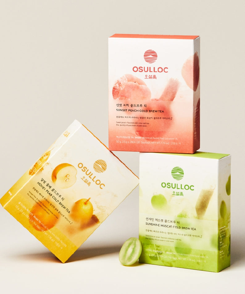 OSULLOC Moonlight Honey Pear Cold Brew Tea 20 P : pack de boisson glacée, marque OSULLOC, poire et miel sur fond clair