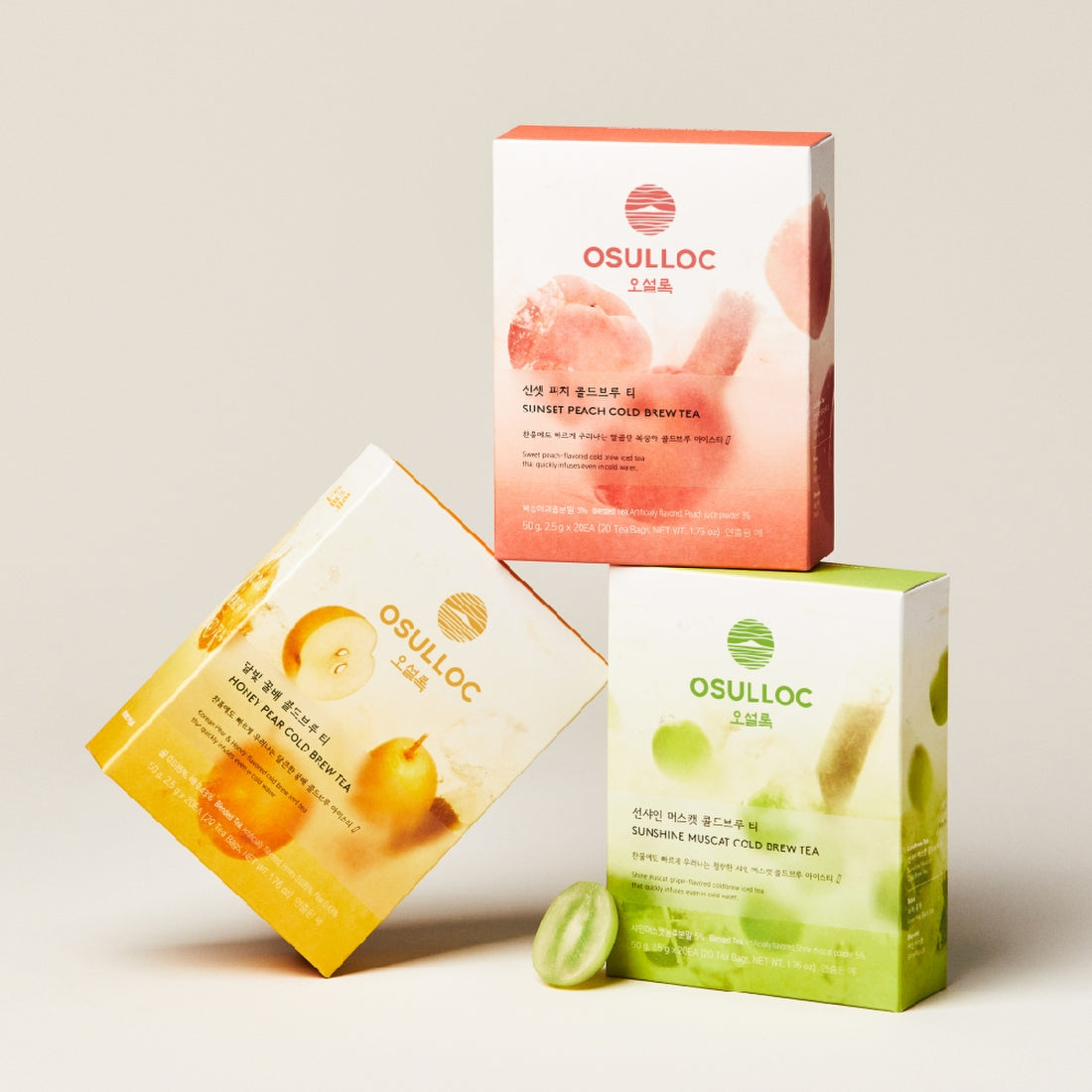OSULLOC Moonlight Honey Pear Cold Brew Tea 20 P : pack de boisson glacée, marque OSULLOC, poire et miel sur fond clair