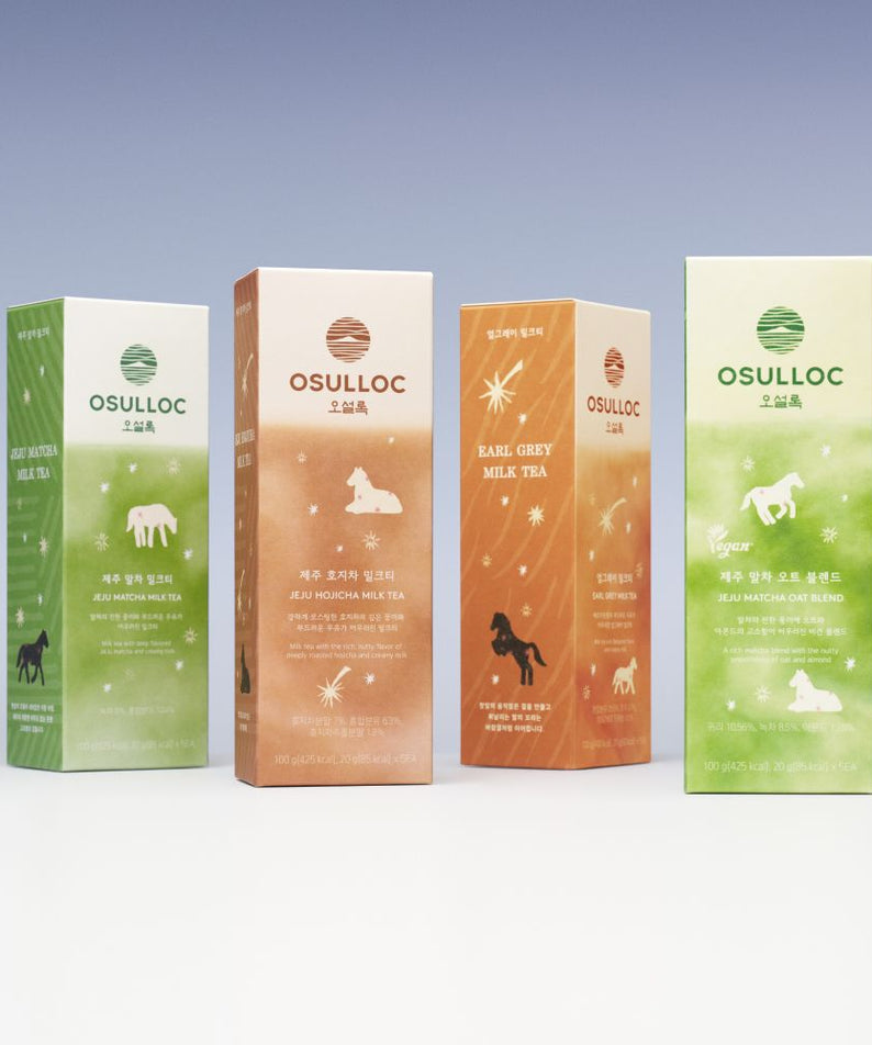 OSULLOC Signature Milk Tea Collection : coffrets de thé au lait OSULLOC sur fond clair, packaging coloré avec animaux.