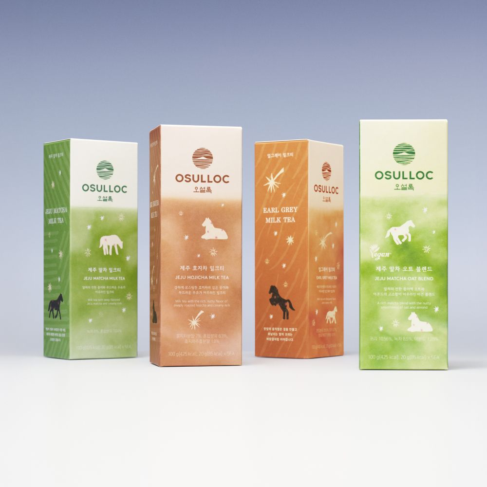 OSULLOC Signature Milk Tea Collection : coffrets de thé au lait OSULLOC sur fond clair, packaging coloré avec animaux.