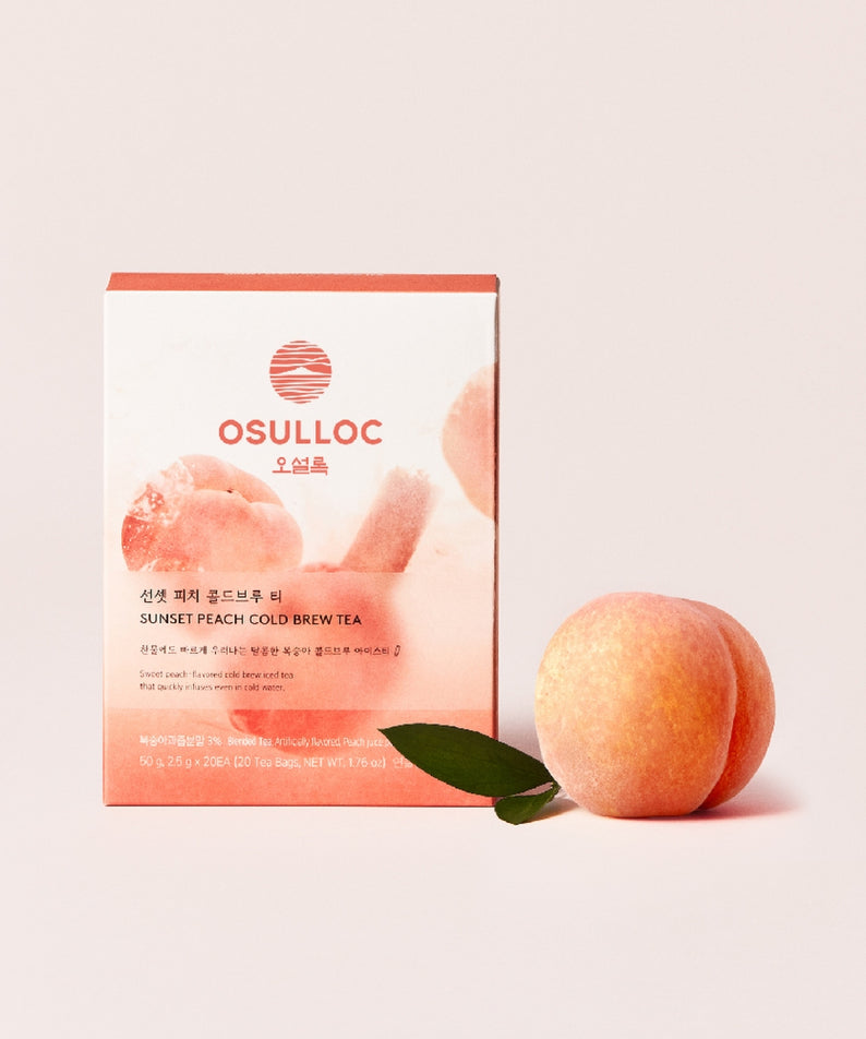 OSULLOC Sunset Peach Cold Brew Tea 20 P : boîte et pêche sur fond clair, ambiance estivale.