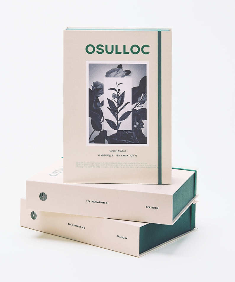 OSULLOC Tea Variation O 6 types : coffret de thés, marque OSULLOC, sur fond clair avec boîtes et design botanique.