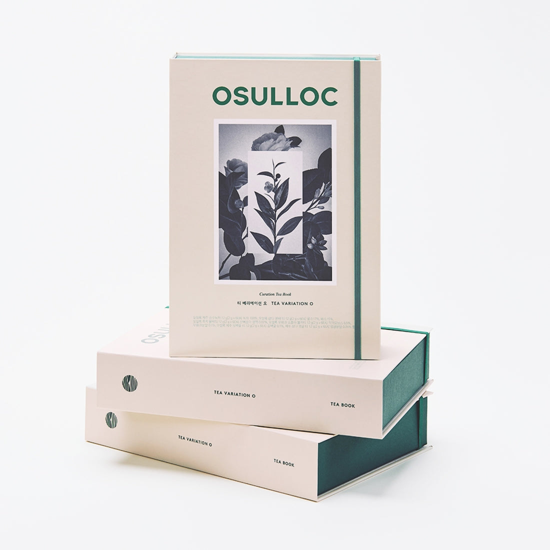 OSULLOC Tea Variation O 6 types : coffret de thés, marque OSULLOC, sur fond clair avec boîtes et design botanique.