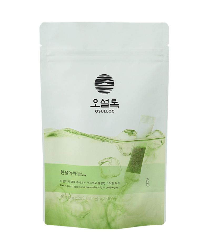 Paquet de thé vert glacé OSULLOC Cold green tea 20 P avec emballage vert et blanc.