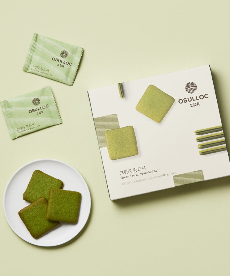 OSULLOC Green Tea Langue de chat 10 p - biscuits au thé vert avec emballage et assiette, délicieux et raffiné