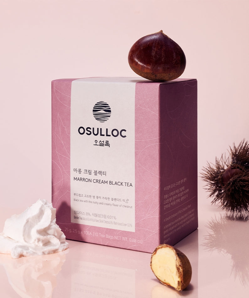Boîte de 10 sachets de OSULLOC Marron Cream Black Tea avec marron et crème en accompagnement.