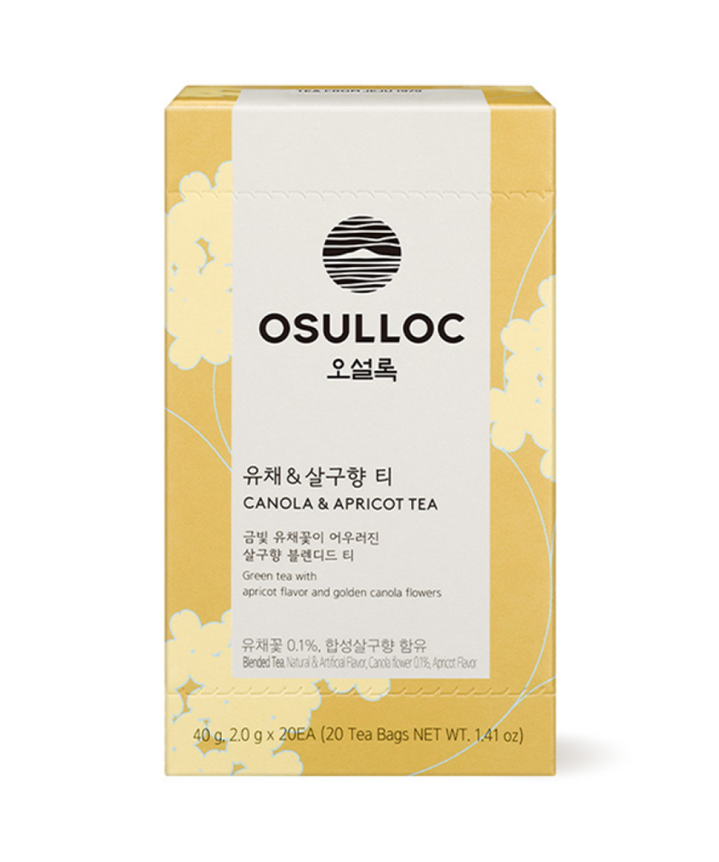 Boîte de thé OSULLOC Canola & Apricot Tea 20 P, saveurs de canola doré et abricot, 20 sachets de thé.
