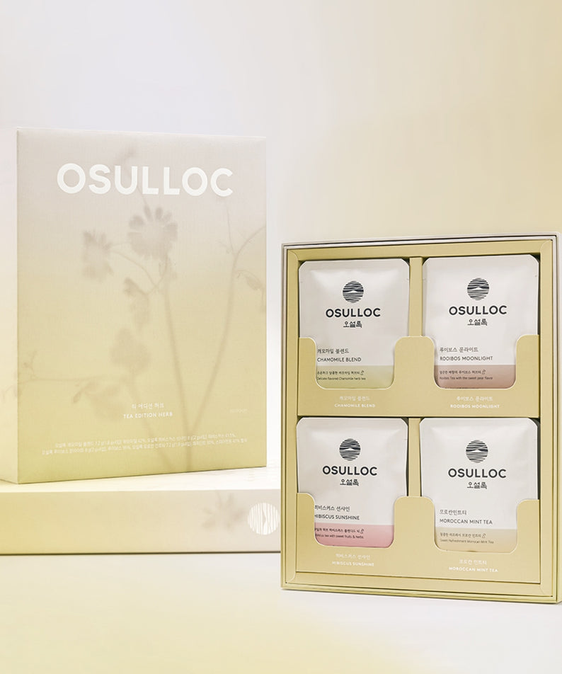 Coffret de thé OSULLOC Tea Edition Herb 4 Types avec quatre saveurs variées en sachets élégamment présentés.