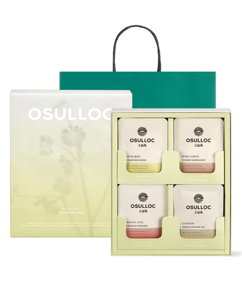 Image of OSULLOC Tea Edition Herb 4 Types avec quatre variétés de thé dans un ensemble élégant, affiché avec un élégant sac cadeau.
