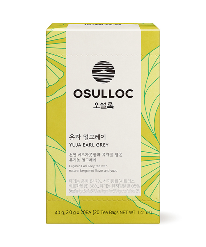 Boîte de thé OSULLOC Yuja Earl Grey 20 p, thé noir biologique parfumé au yuzu et bergamote. Parfait pour les amateurs de thé raffinés.