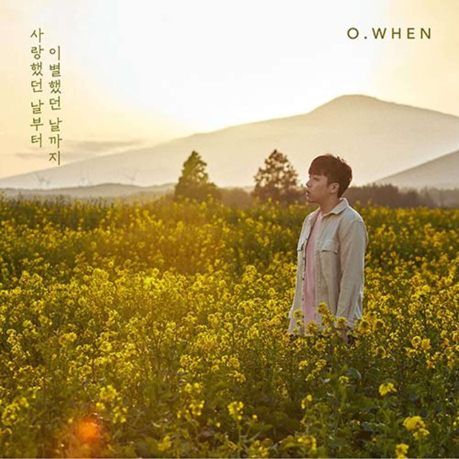 O.WHEN - Album Kpop, couverture marque O.WHEN : jeune en champ de fleurs jaunes, paysage de campagne, concept rêveur