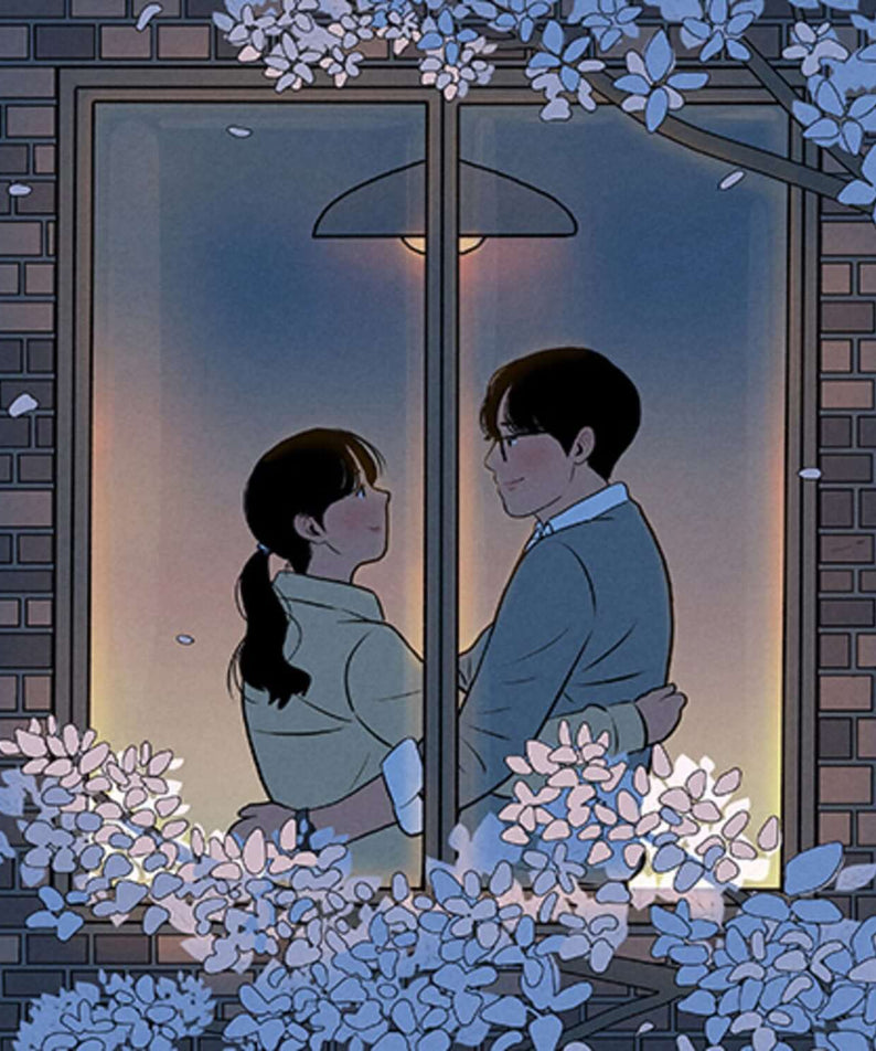 O.WHEN - [Mood Night] - Album Kpop : couverture animée nuit bleue, couple en fenêtre, briques et fleurs, ambiance mood