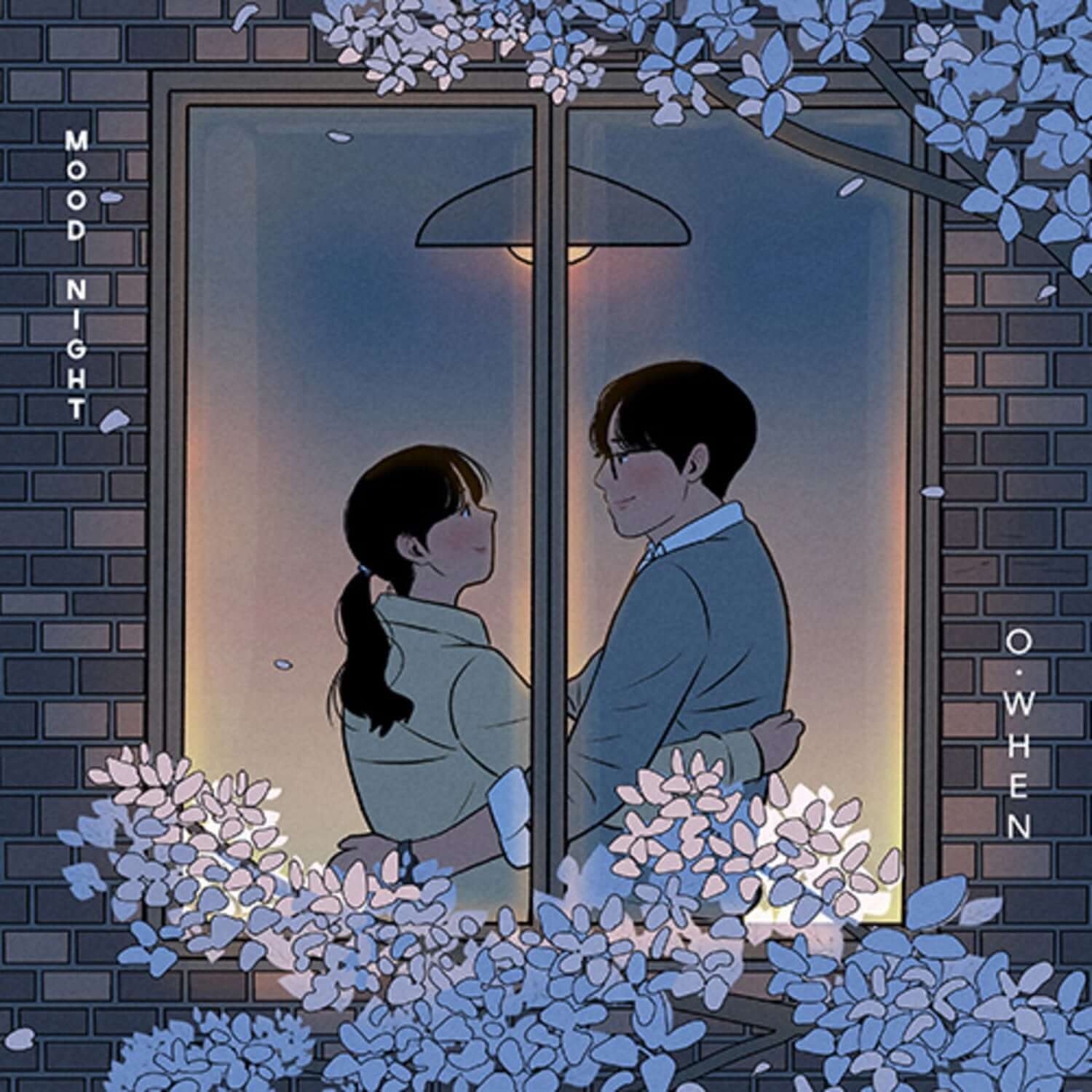 O.WHEN - [Mood Night] - Album Kpop : couverture animée nuit bleue, couple en fenêtre, briques et fleurs, ambiance mood