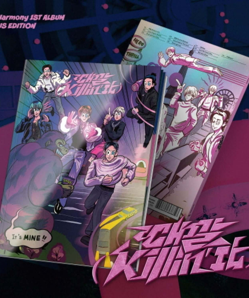 P1HARMONY - 1st Album [Killin’ It] (P1us Edition VER.) (Limited) - Album Kpop, visuel box set sur fond graphique violet