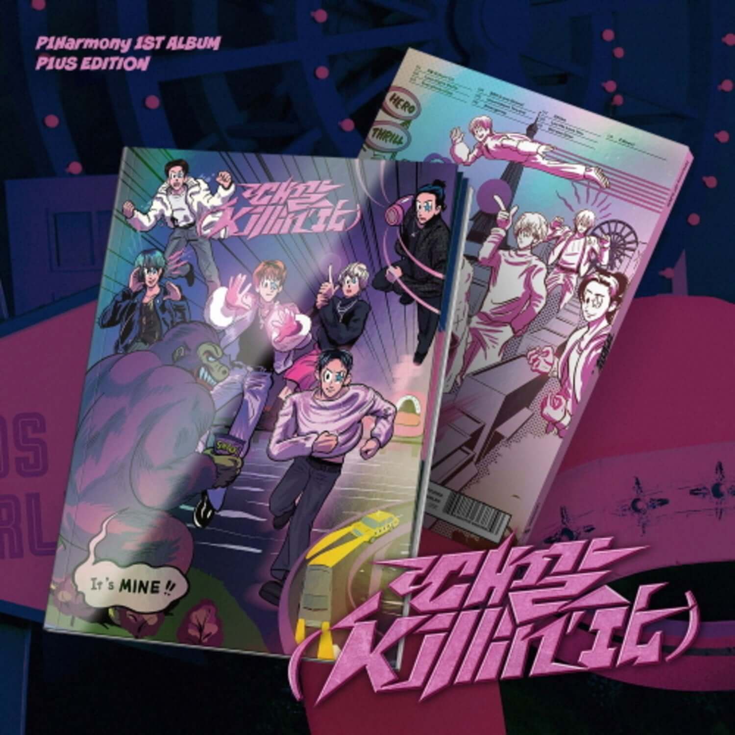 P1HARMONY - 1st Album [Killin’ It] (P1us Edition VER.) (Limited) - Album Kpop, visuel box set sur fond graphique violet