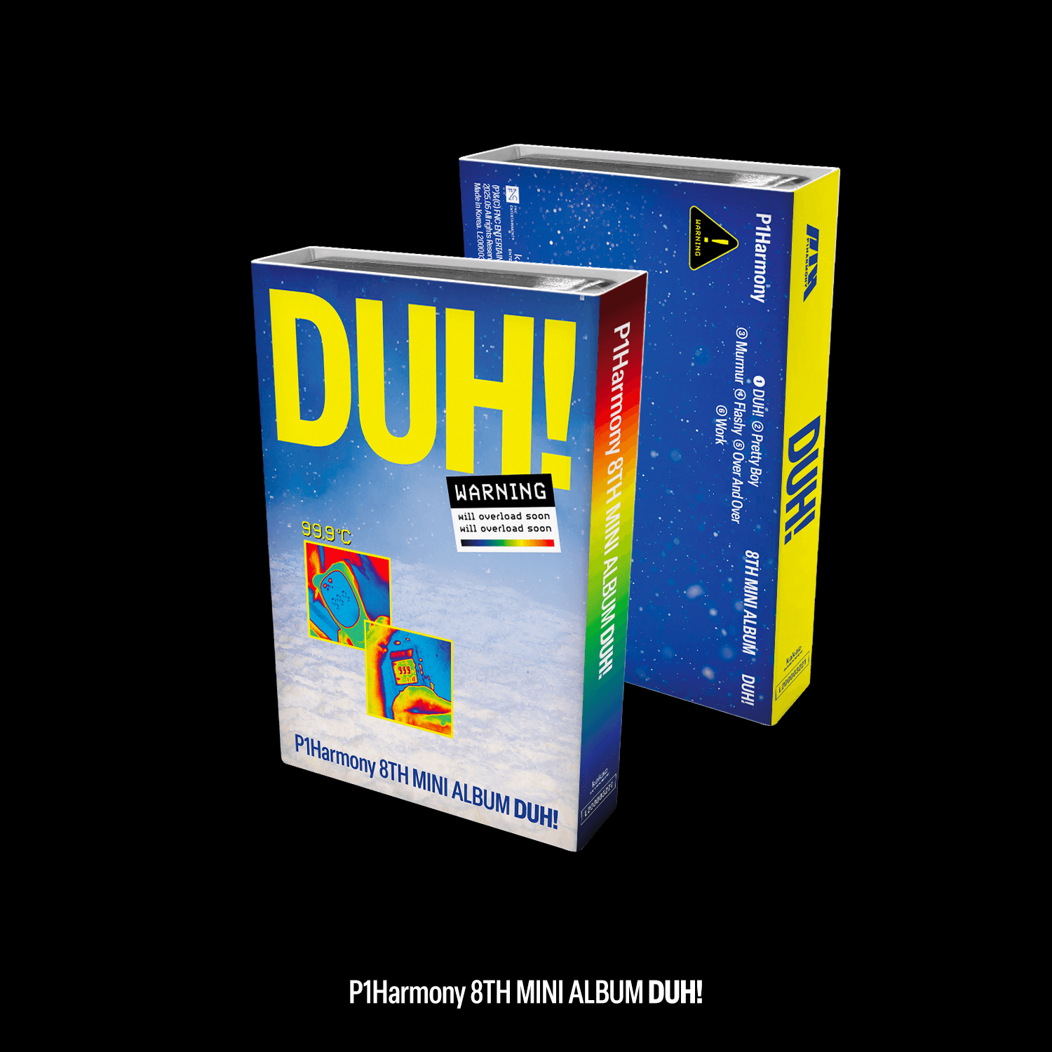 P1HARMONY - 8th Album [DUH!] (NEMO ALBUM Ver.) - Album Kpop, boîtier bleu et jaune sur fond noir
