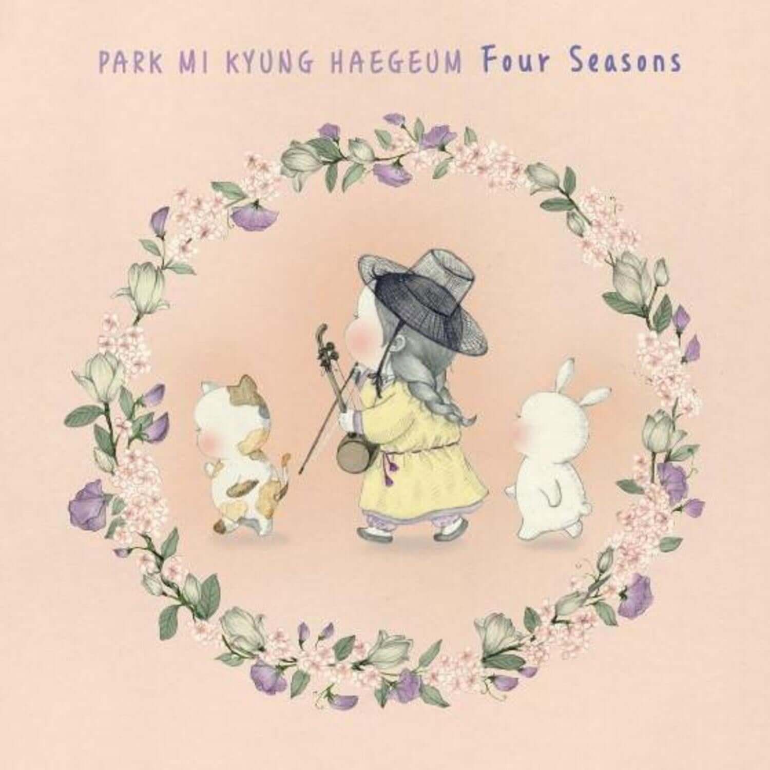 PARK MIKYUNG - Album Kpop de PARK MIKYUNG : couverture “Four Seasons” illustrée fleurs, papillons, personnage et ballon.