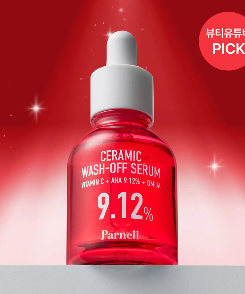 PARNELL AHA 9.12 Caremic Wash-Off Serum 30ml sur fond rouge avec étiquetage clair, idéal pour soins de la peau avec AHA.