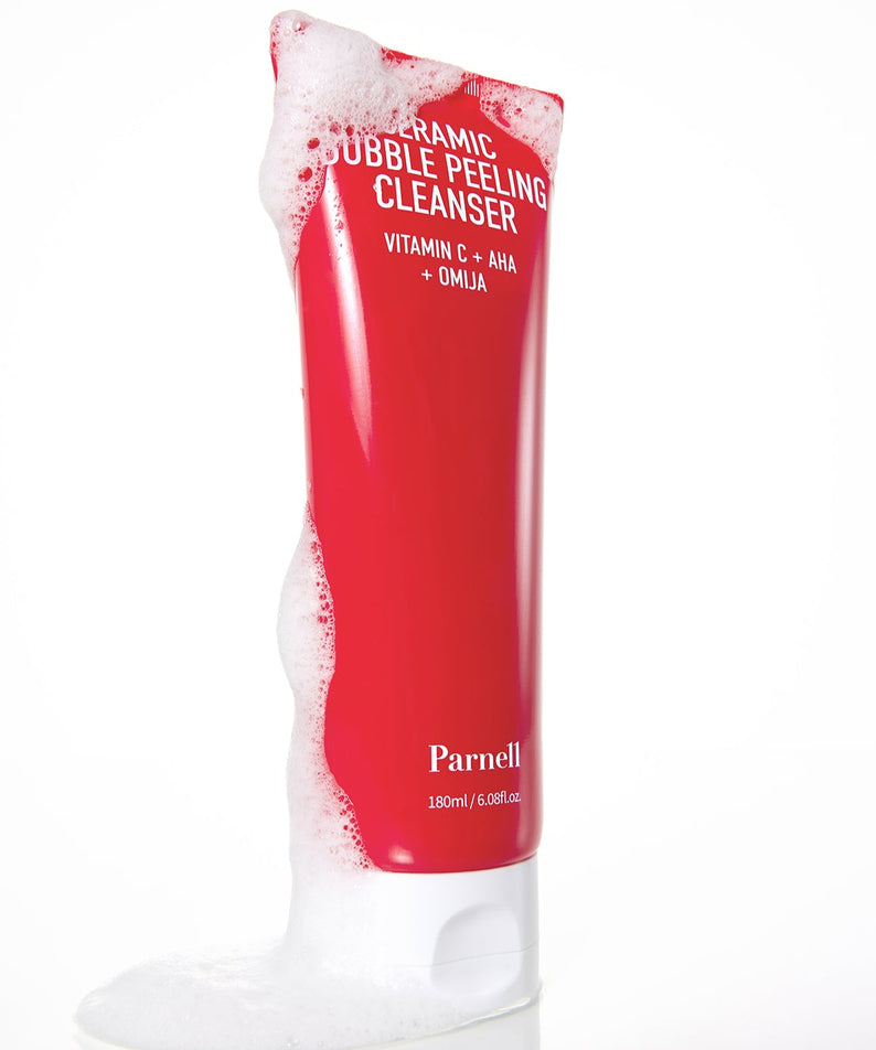 PARNELL AHA Omija Ceramic Bubble Peeling Cleanser 180ml, nettoyant moussant exfoliant, tube rouge, idéal pour soin de la peau.