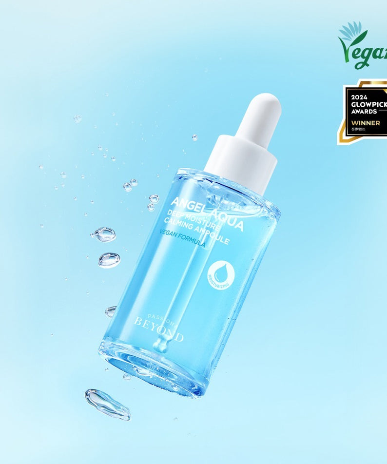 PASSION & BEYOND Angel Aqua Moisture Filled Soothing Ampoule 50ml, produit de marque sur fond bleu avec gouttes d’eau, apaisant