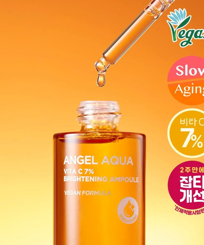 PASSION & BEYOND Angel Aqua Vita C 7% Blemmish Ampoule 30ml, photo du sérum en flacon orange sur fond orange, marque visible