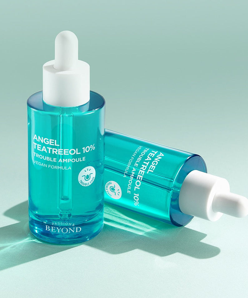 PASSION&BEYOND Angel Tea Tree 10% Trouble Ampoule 50ml sur fond vert, produit soin visage aux propriétés purifiantes.