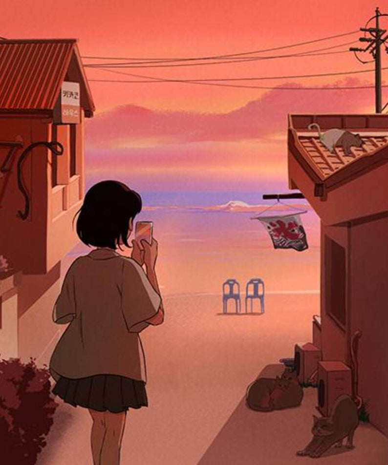 PATEKO - Album Kpop : jaquette Kpop de PATEKO, illustration rue au coucher du soleil avec fan, style rétro.