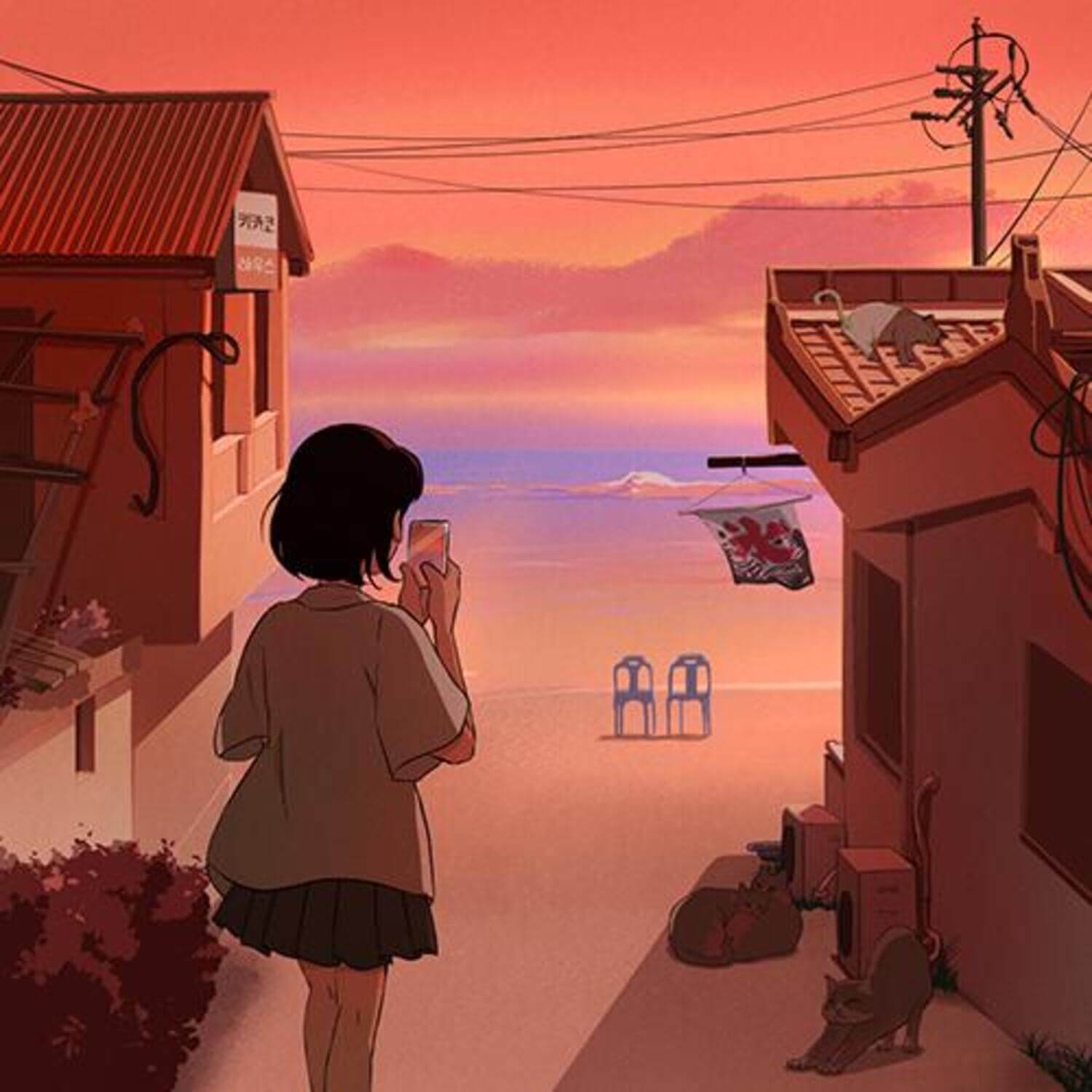 PATEKO - Album Kpop : jaquette Kpop de PATEKO, illustration rue au coucher du soleil avec fan, style rétro.