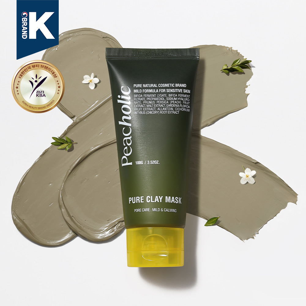 PEACHOLIC  Pure Clay Mask 100ml : tube de masque à l’argile, marque PEACHOLIC sur fond beige, fleurs et éclaboussures