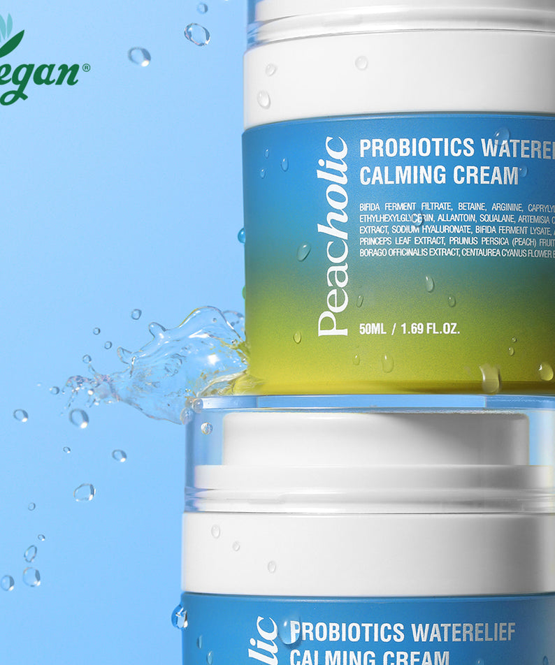 Crème apaisante PEACHOLIC Probiotics Water Relief Calming Cream 50ml, soin visage hydratant, emballage vegan, éclaboussures d'eau.