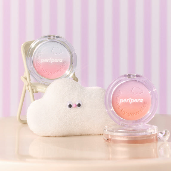PERIPERA Clearly Tinted Custom Cheek, pots roses sur fond rayé pastel; maquillage visuel, marque Peripera.