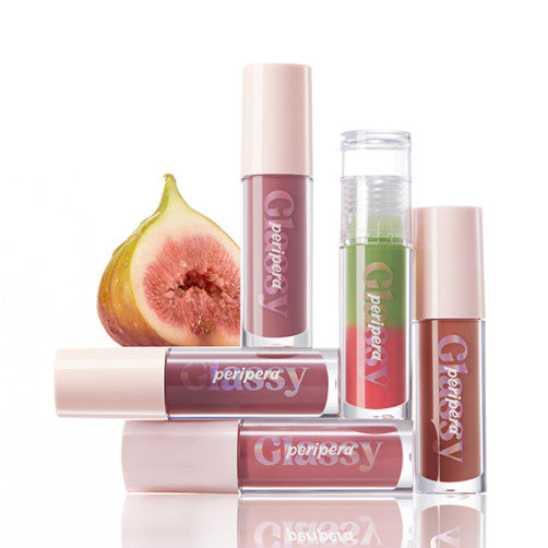 PERIPERA Ink Glazing Lip Gloss, flacons et tubes roses sur fond blanc avec tranches de fruit, visuel produit.