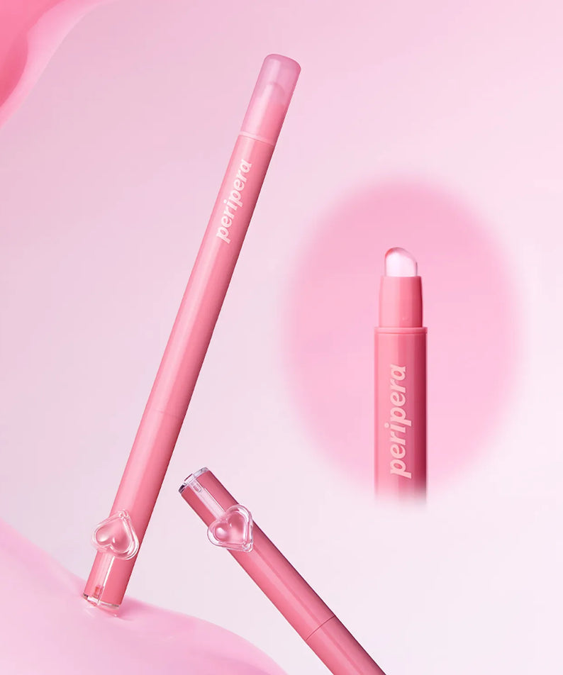 PERIPERA Puppy Plumping Dew Lip Pencil de la marque PERIPERA, sur fond rose pastel, photo produit en gros plan.