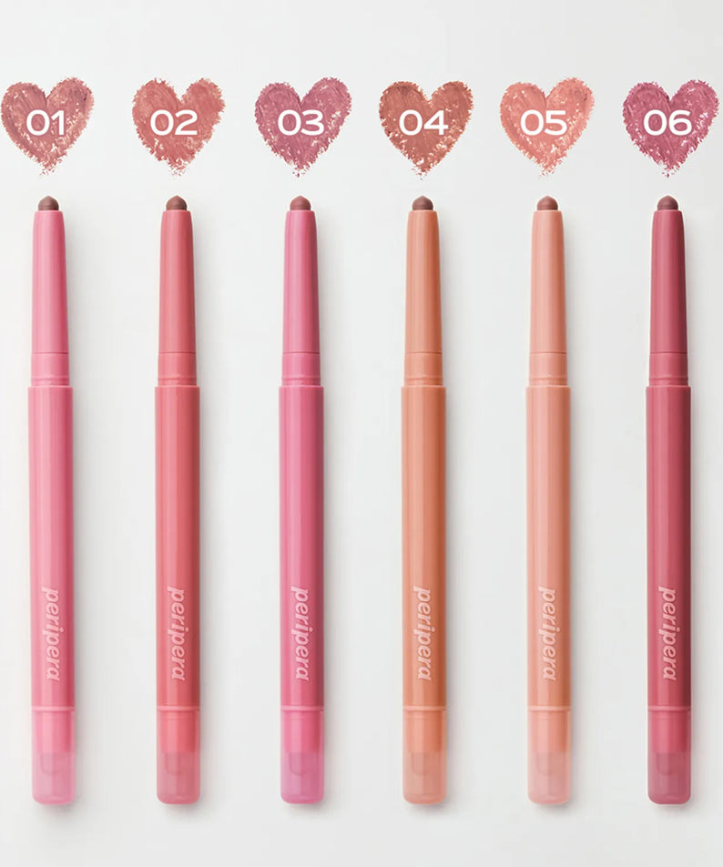 Décris l'image en français avec PERIPERA Puppy Plumping Dew Lip Pencil, marque PERIPERA, visuel de 6 teintes sur fond clair.