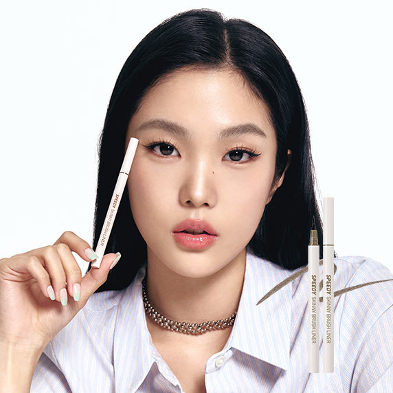 PERIPERA Speedy Skinny Brush Eyeliner, marque PERIPERA : maquillage des yeux avec eyeliner fin sur fond clair, modèle