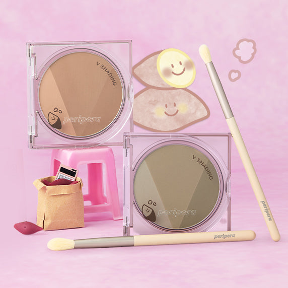PERIPERA Ink V-Shading, marque PERIPERA, maquillage en packaging rose sur fond pastel, avec applicateur et coffret.