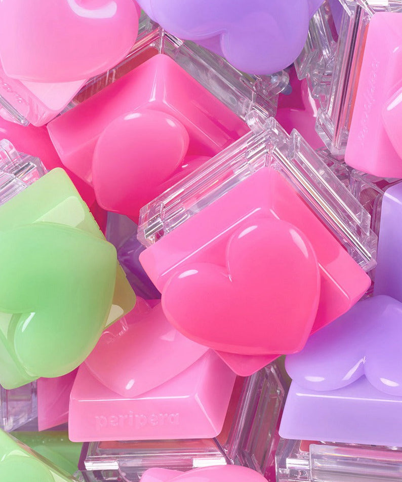 PERIPERA Talk Blush Keycap en formes colorées de cœurs, cosmétiques pastel ludiques pour un maquillage amusant.