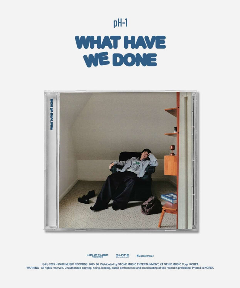 PH-1 - [WHAT HAVE WE DONE] - Album Kpop PH-1, pochette avec scène intérieure et texte bleu sur fond clair.