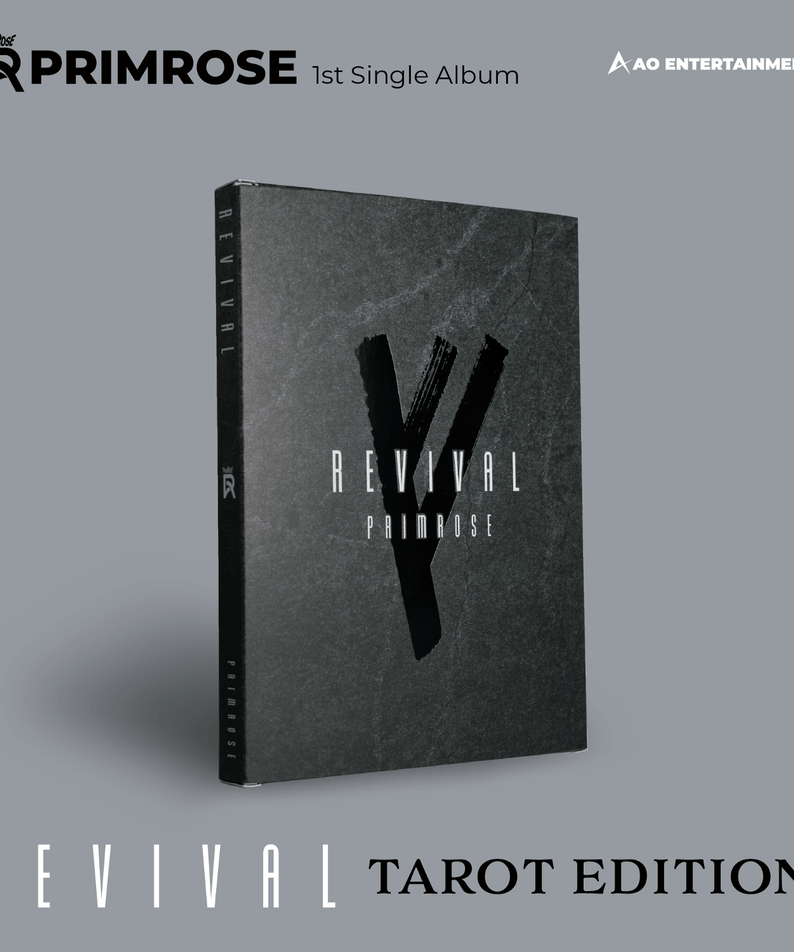 PRIMROSE - REVIVAL(Standard) - Album Kpop : pochette noire « REVIVAL » sur fond gris, marque PRIMROSE, AO Entertainment
