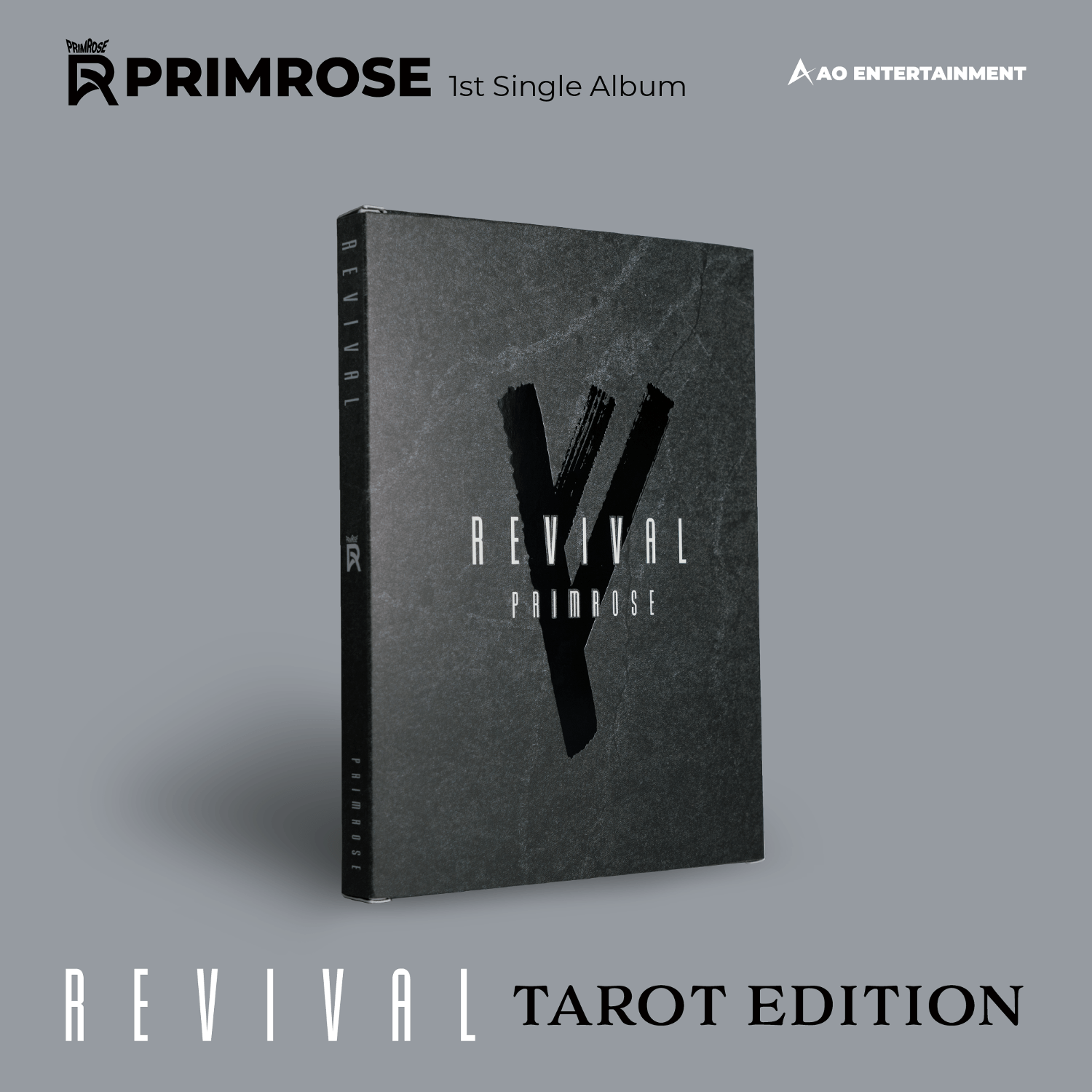 PRIMROSE - REVIVAL(Standard) - Album Kpop : pochette noire « REVIVAL » sur fond gris, marque PRIMROSE, AO Entertainment