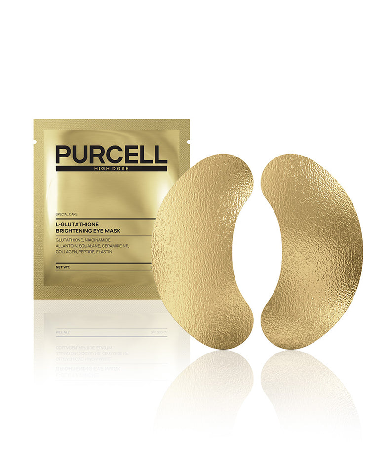 PURCELL 2 eye masks de la marque PURCELL : deux masques hydratants dorés sur fond blanc, pack et produit.