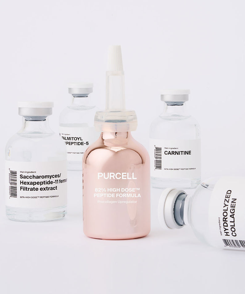 PURCELL 82% High Dose™ Peptide Formula 30mL de marque PURCELL, flacons de peptides sur fond blanc, vue produit