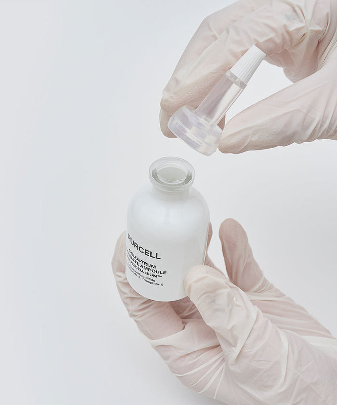 PURCELL Colostrum Incubation Ampoule 30mL de PURCELL en ampoule, mains gantées, préparation en laboratoire sur fond blanc.